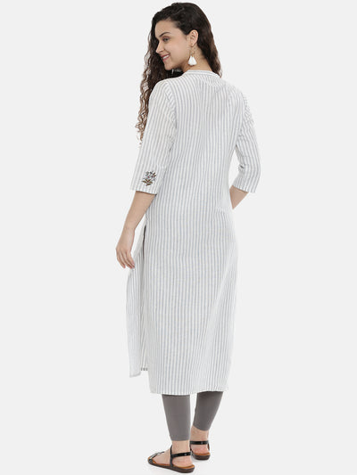 Neerus Women Grey  White Striped A-Line Kurta With Embroidery Detail