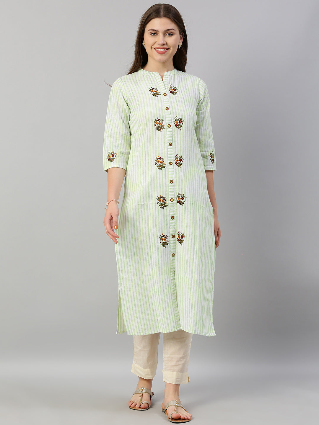 Neerus Women Green White Striped Straight Kurta With Embroidery