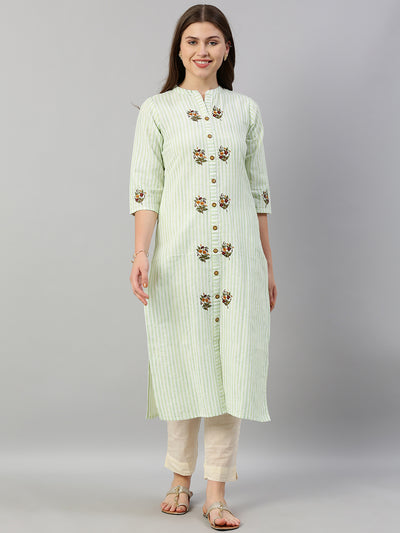 Neeru's Women Green White Striped Straight Kurta With Embroidery