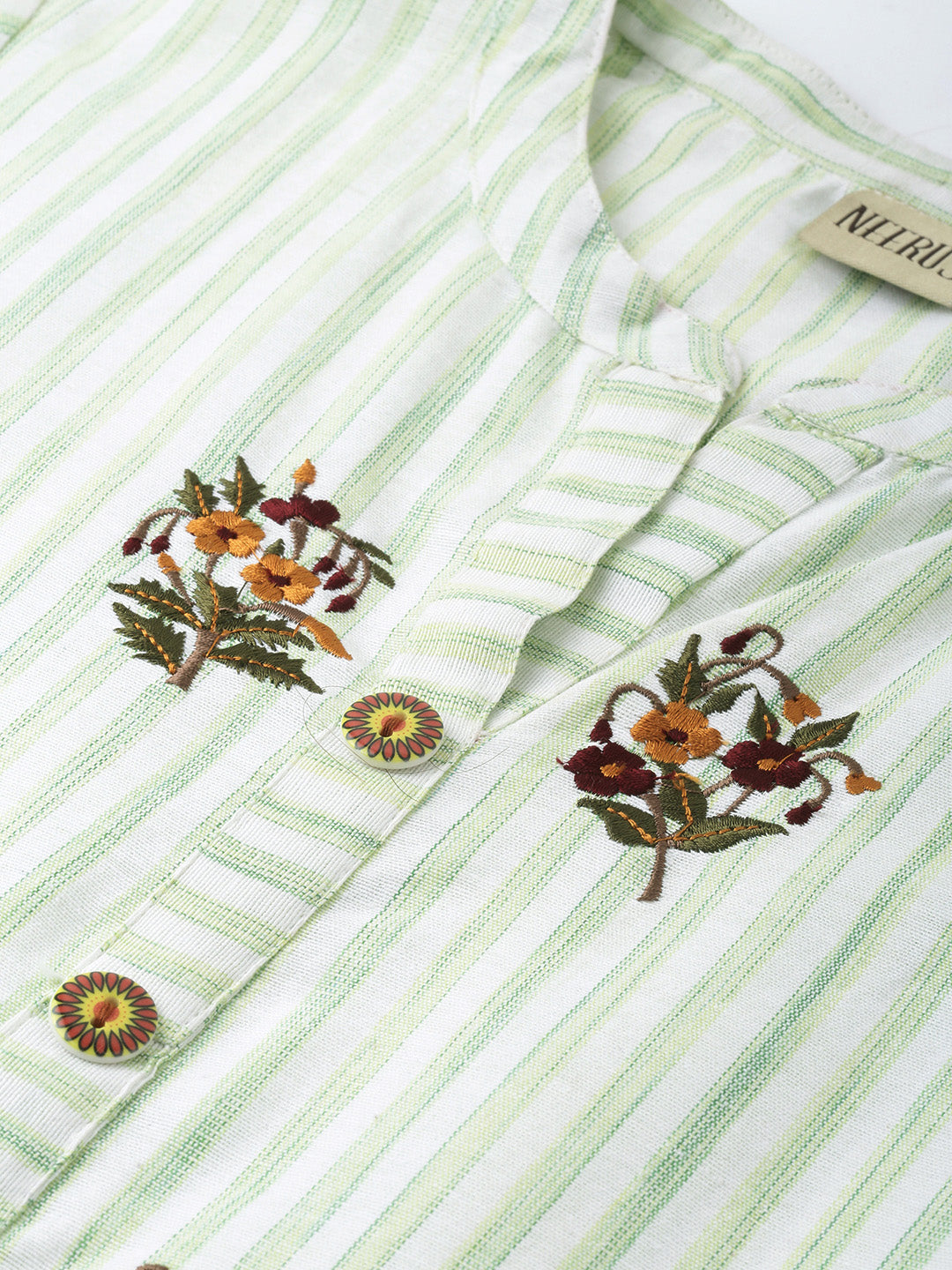 Neerus Women Green White Striped Straight Kurta With Embroidery