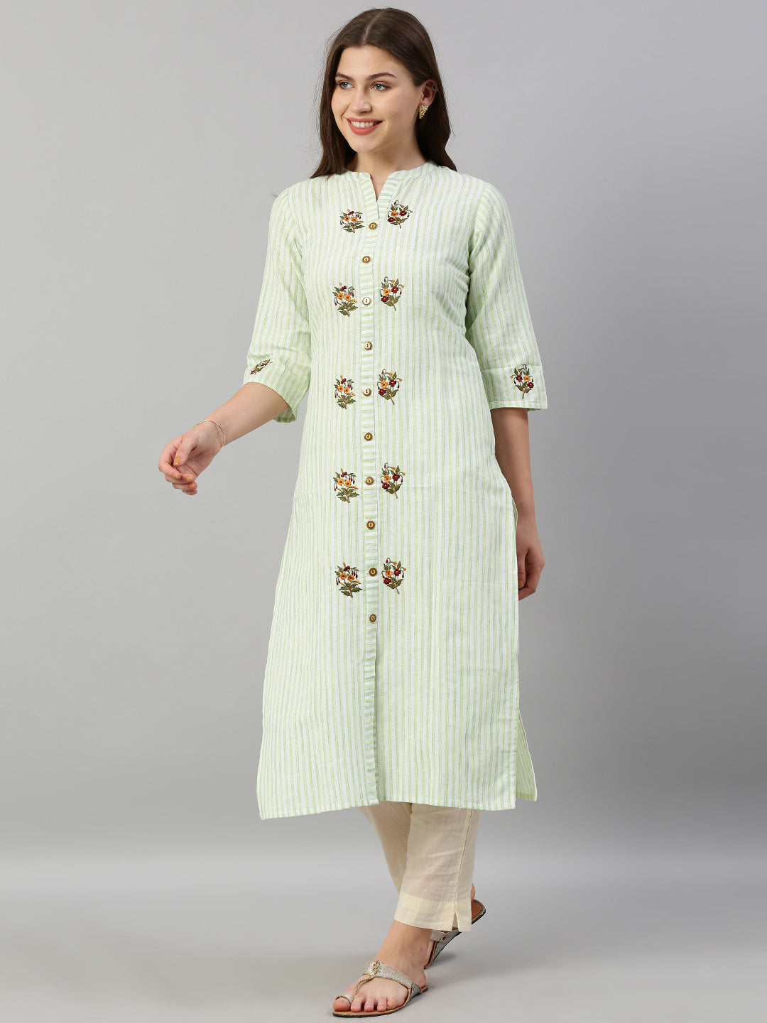 Neerus Women Green White Striped Straight Kurta With Embroidery