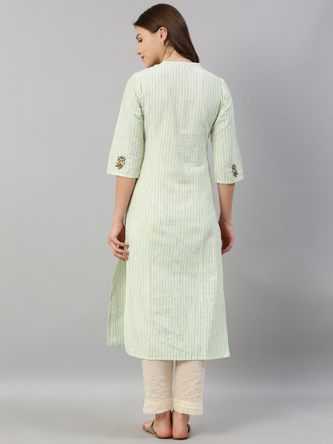 Neerus Women Green White Striped Straight Kurta With Embroidery