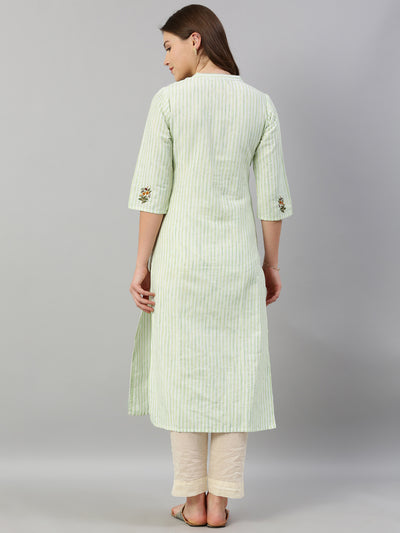 Neeru's Women Green White Striped Straight Kurta With Embroidery