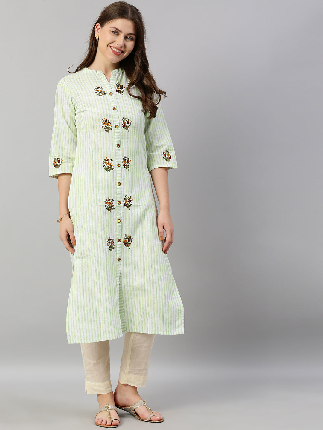 Neeru's Women Green White Striped Straight Kurta With Embroidery