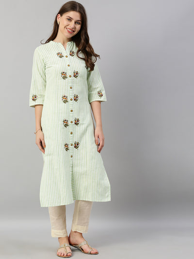 Neeru's Women Green White Striped Straight Kurta With Embroidery