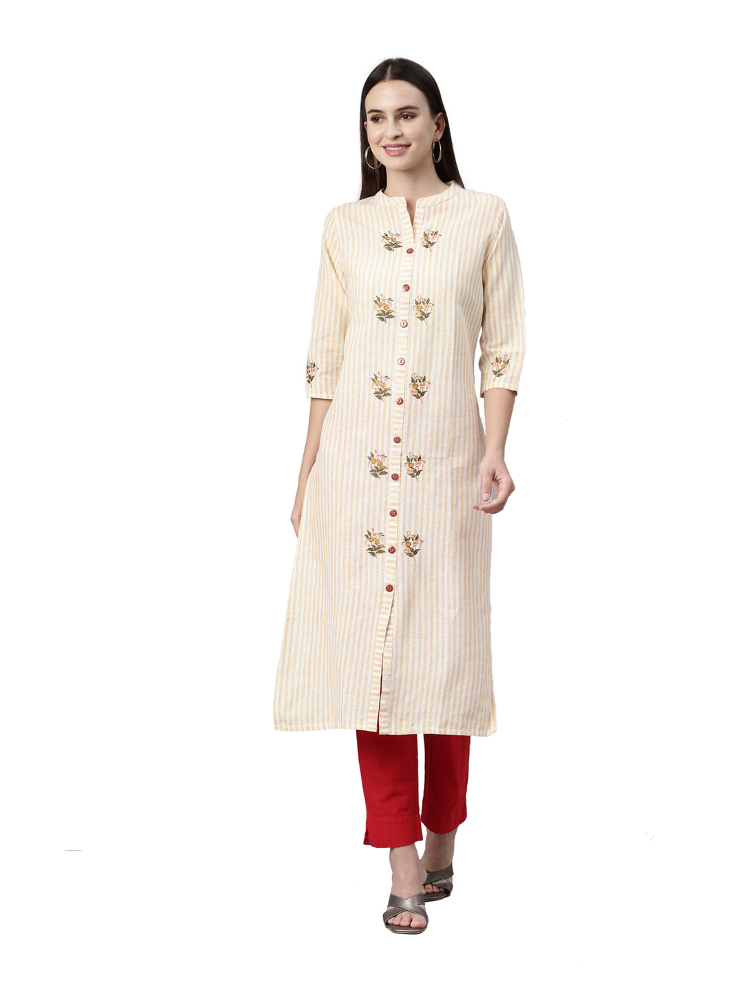 Neerus Orange rayon printed kurti - front view