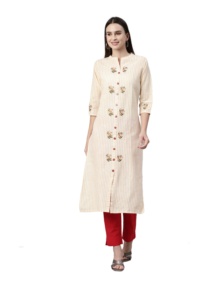 Neerus Orange rayon printed kurti - front view