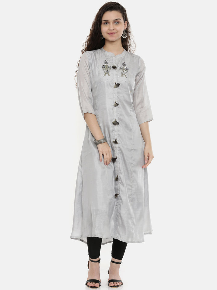 Neerus Grey silk embellished A-line kurta - front view