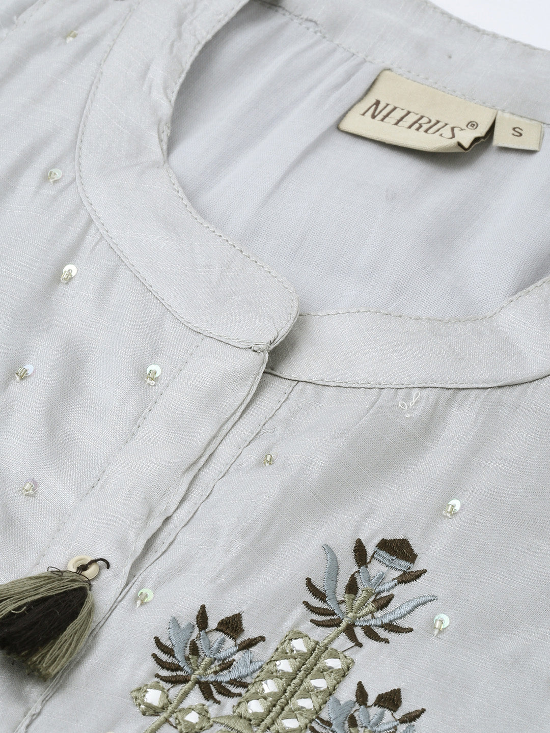 Neerus Grey silk embellished A-line kurta - side view