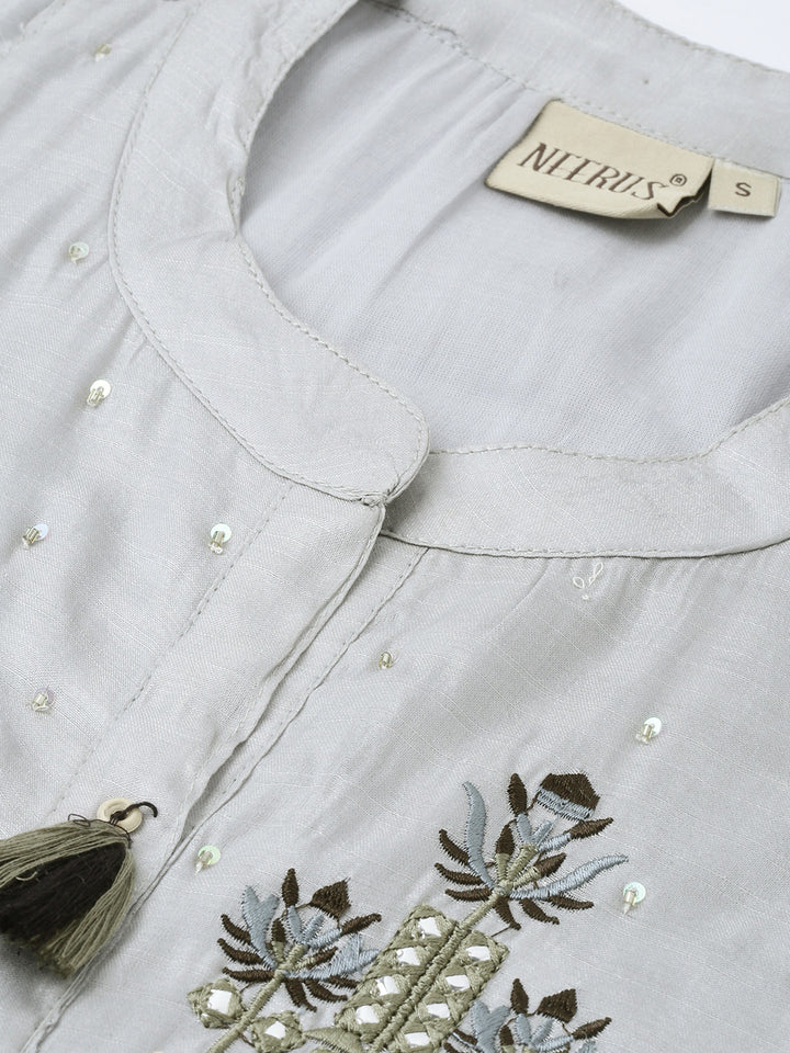 Neerus Grey silk embellished A-line kurta - side view