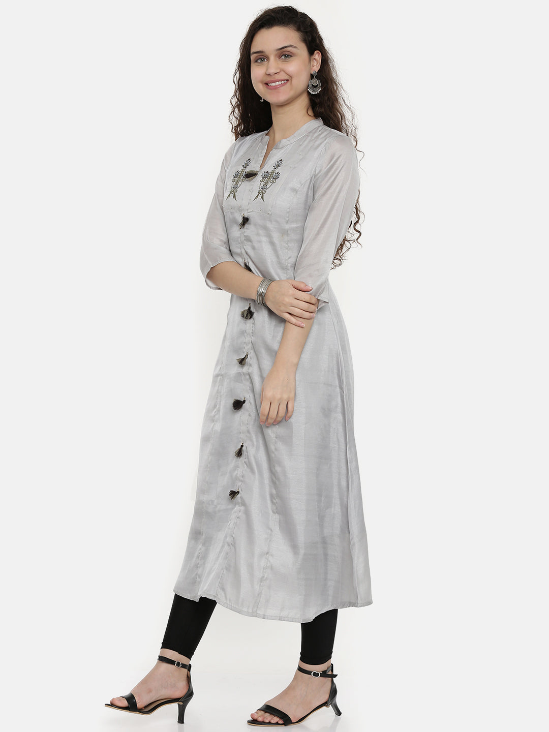 Neerus Grey silk embellished A-line kurta - detail view 1