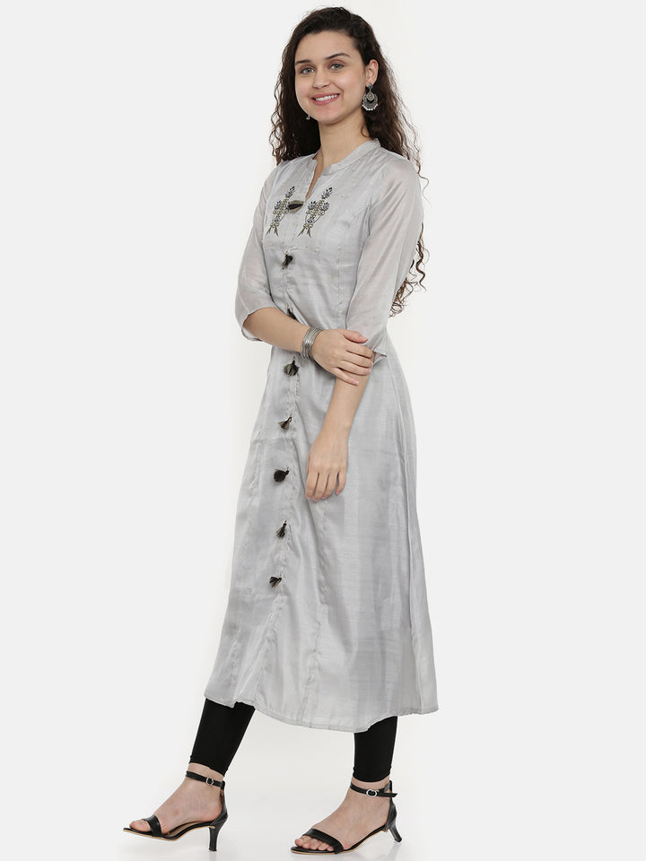 Neerus Grey silk embellished A-line kurta - detail view 1