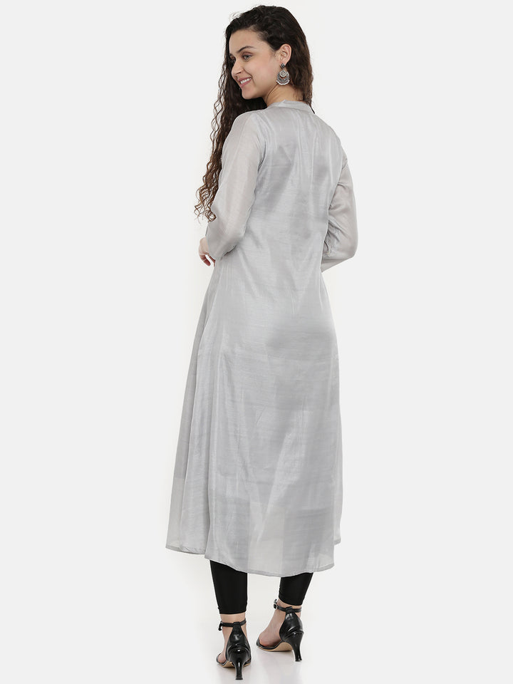 Neerus Grey silk embellished A-line kurta - detail view 2