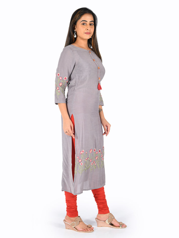 Neerus Grey muslin embroidered straight kurti - back view