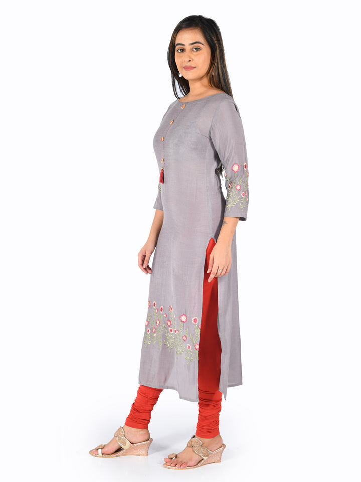 Neerus Grey muslin embroidered straight kurti - side view