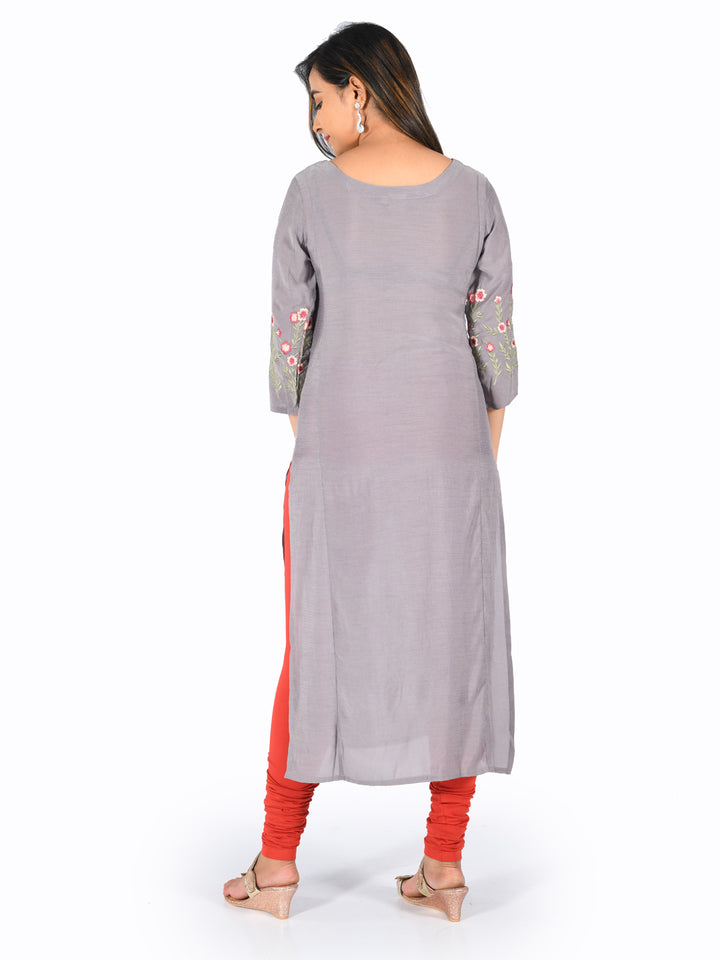 Neerus Grey muslin embroidered straight kurti - detail view 1