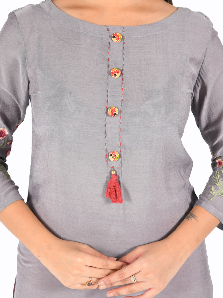 Neerus Grey muslin embroidered straight kurti - detail view 2