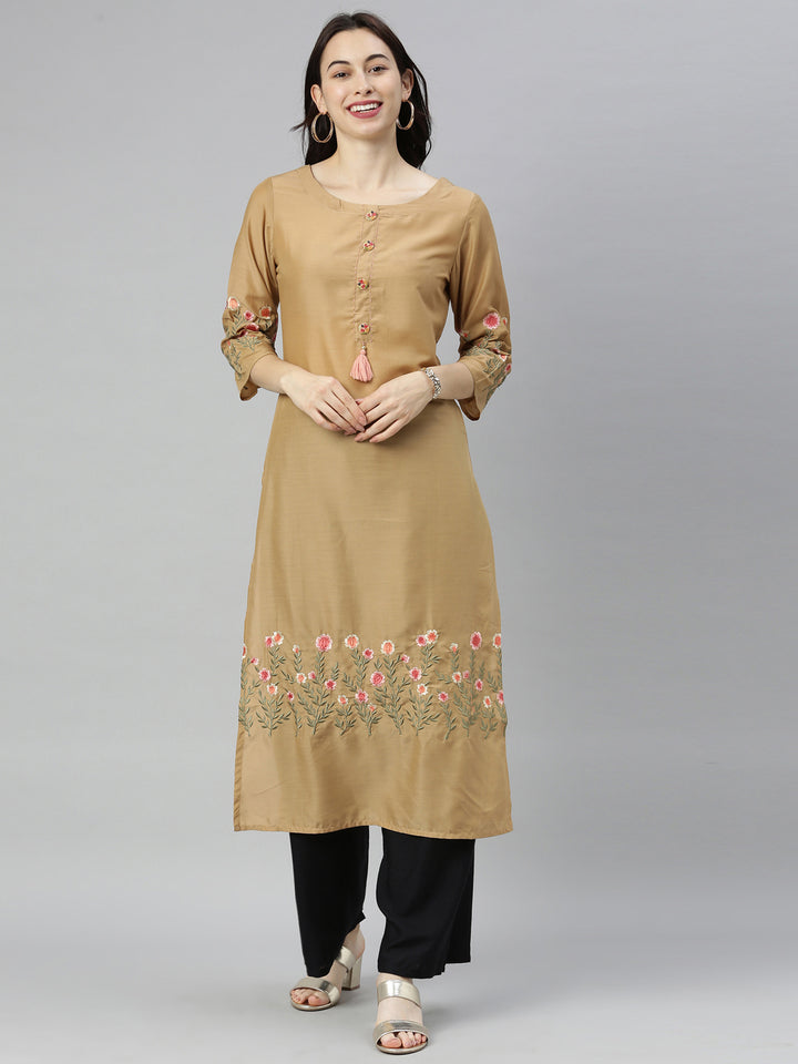 Neerus Yellow modal thread embroidered straight kurti - front view
