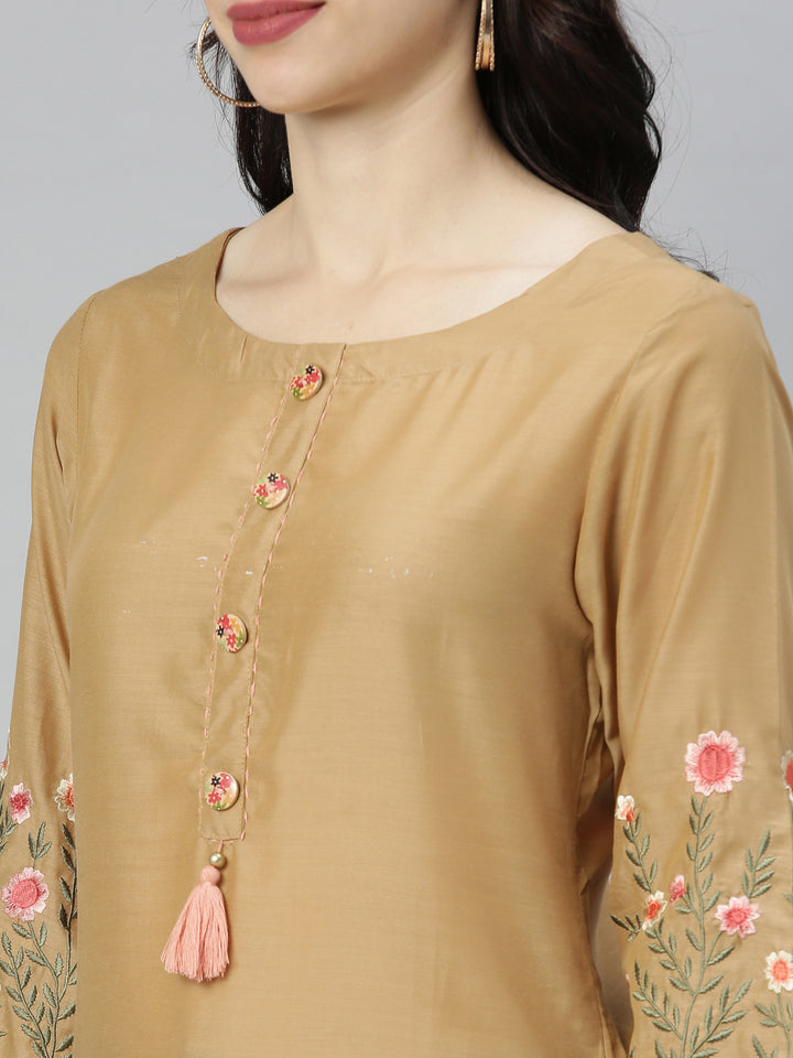 Neerus Yellow modal thread embroidered straight kurti - back view