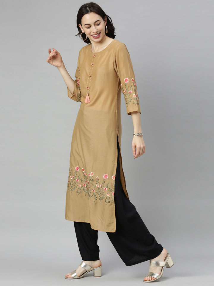 Neerus Yellow modal thread embroidered straight kurti - detail view 2