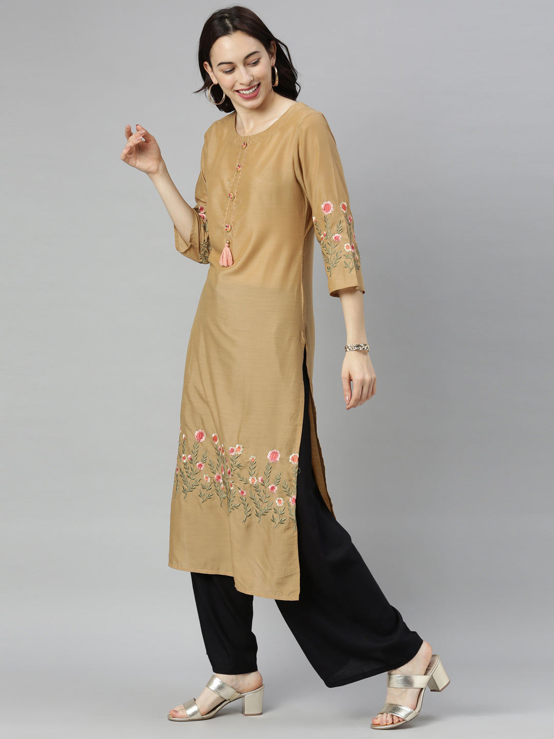 Neeru's Brown Embroidered Straight Kurta