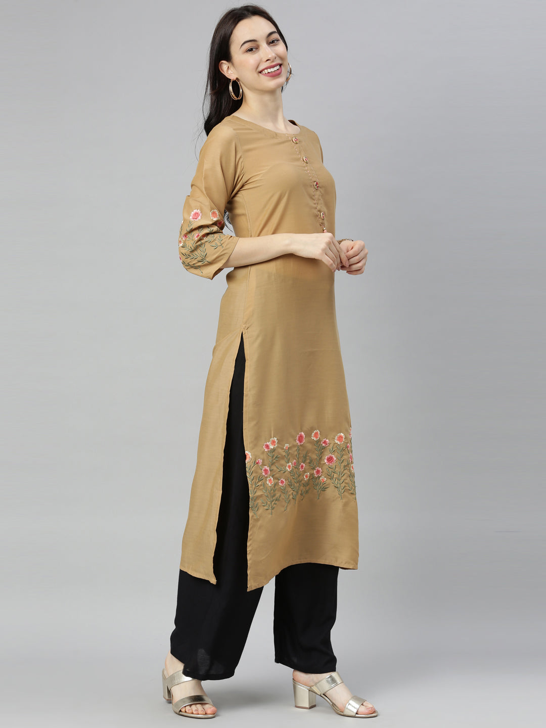 Neeru's Brown Embroidered Straight Kurta