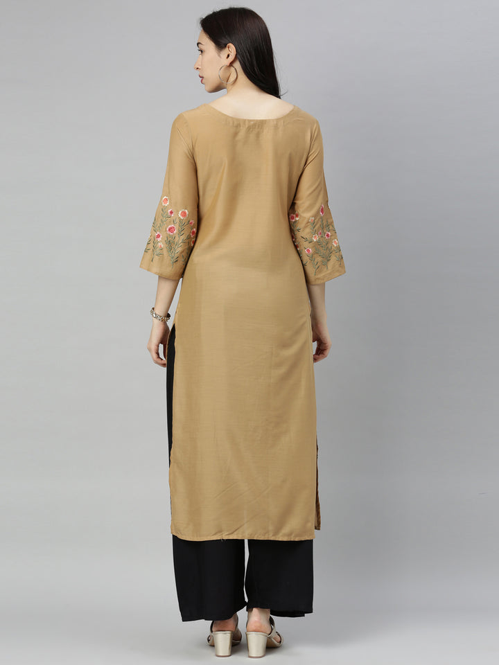 Neerus Yellow modal thread embroidered straight kurti - detail view 4