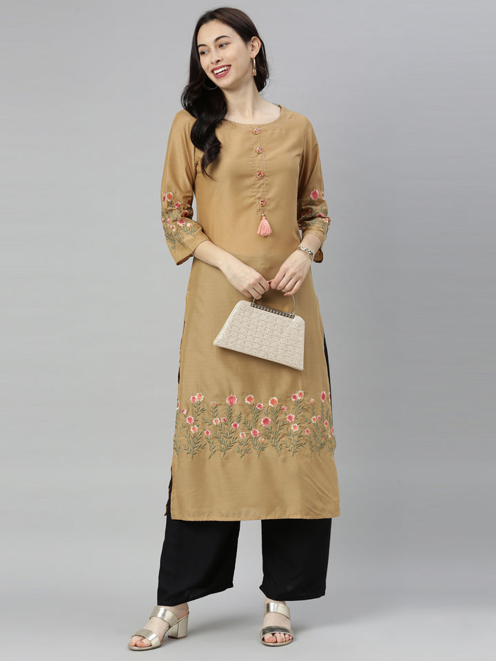 Neerus Yellow modal thread embroidered straight kurti - detail view 5