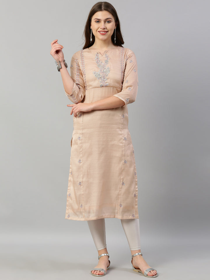 Neerus Pink silk embroidered straight kurti - front view