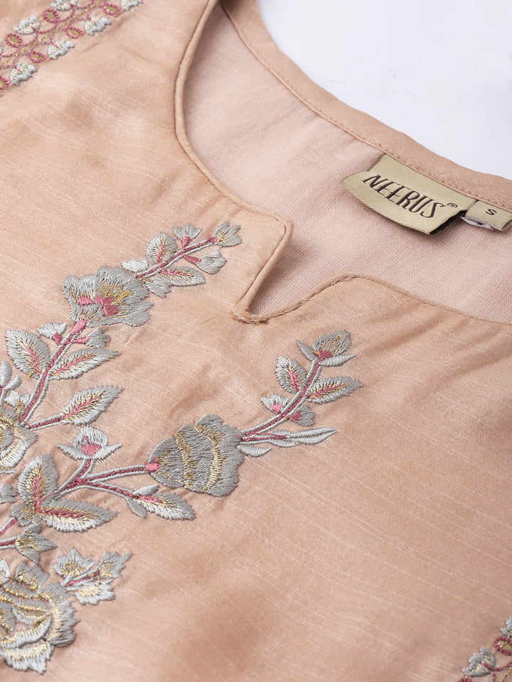 Neerus Pink silk embroidered straight kurti - detail view 1