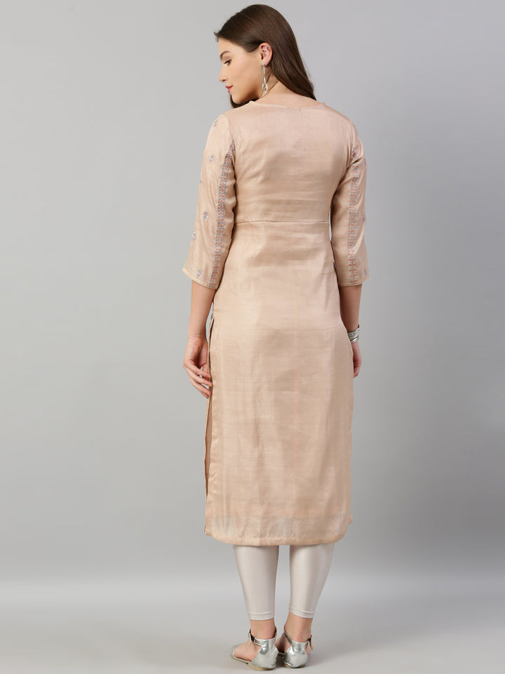 Neerus Pink silk embroidered straight kurti - detail view 3
