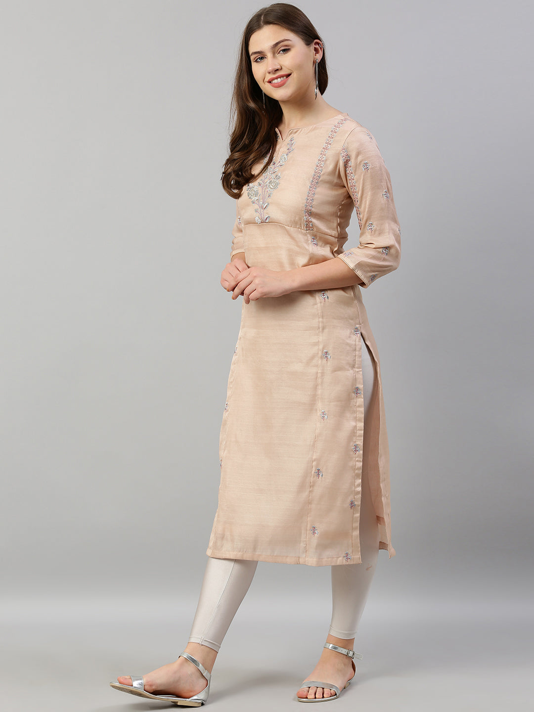 Neerus Pink silk embroidered straight kurti - detail view 4