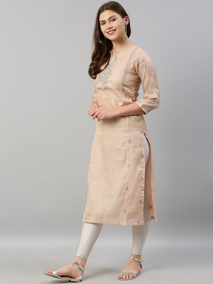 Neerus Pink silk embroidered straight kurti - detail view 4