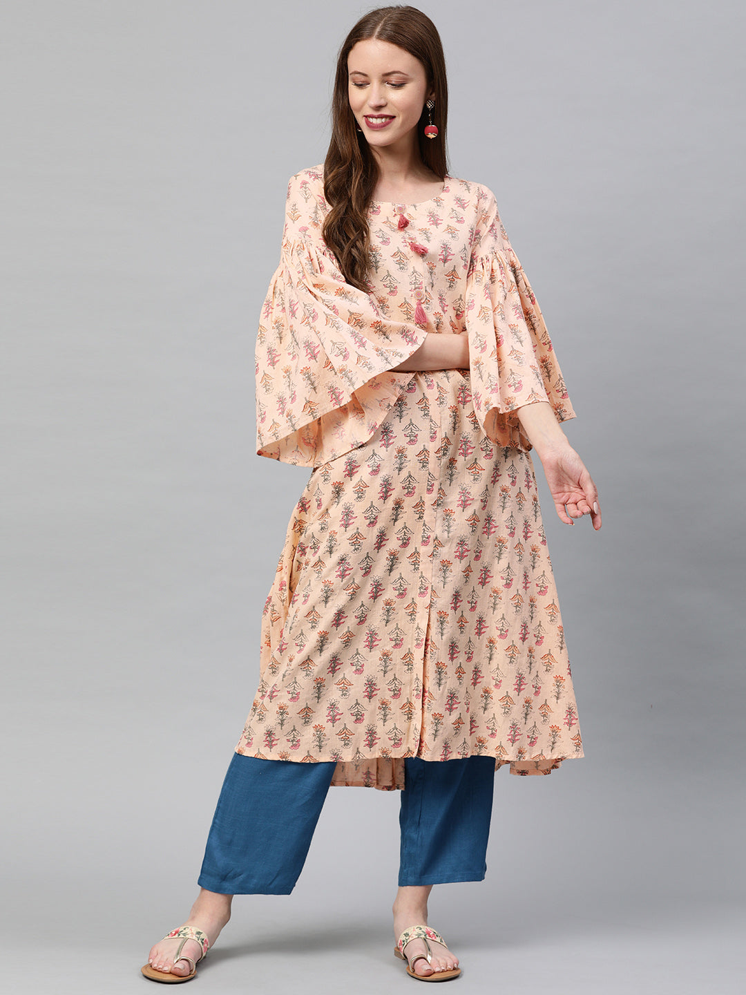 Neerus Pink printed A-line kurta - front view