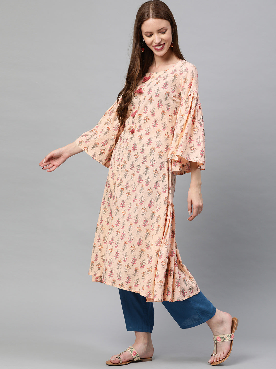 Neerus Pink printed A-line kurta - side view