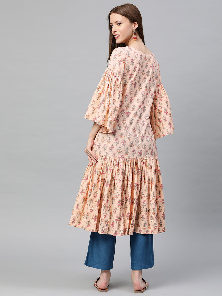 Neerus Pink printed A-line kurta - detail view 1