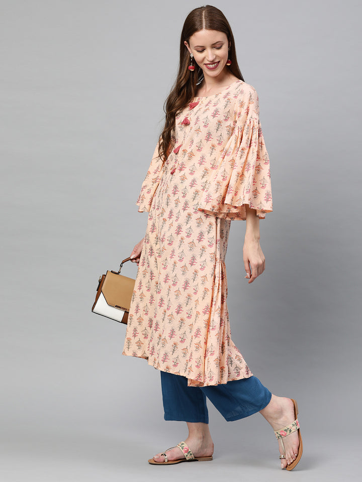 Neerus Pink printed A-line kurta - detail view 2