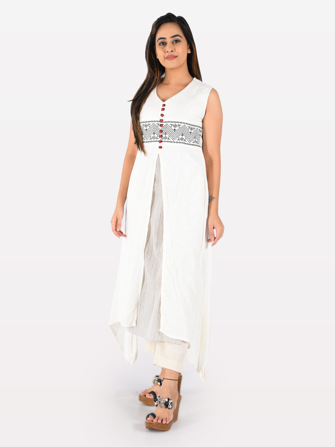 Neerus Women White Brown Woven Design Asymmetric A-Line Kurta