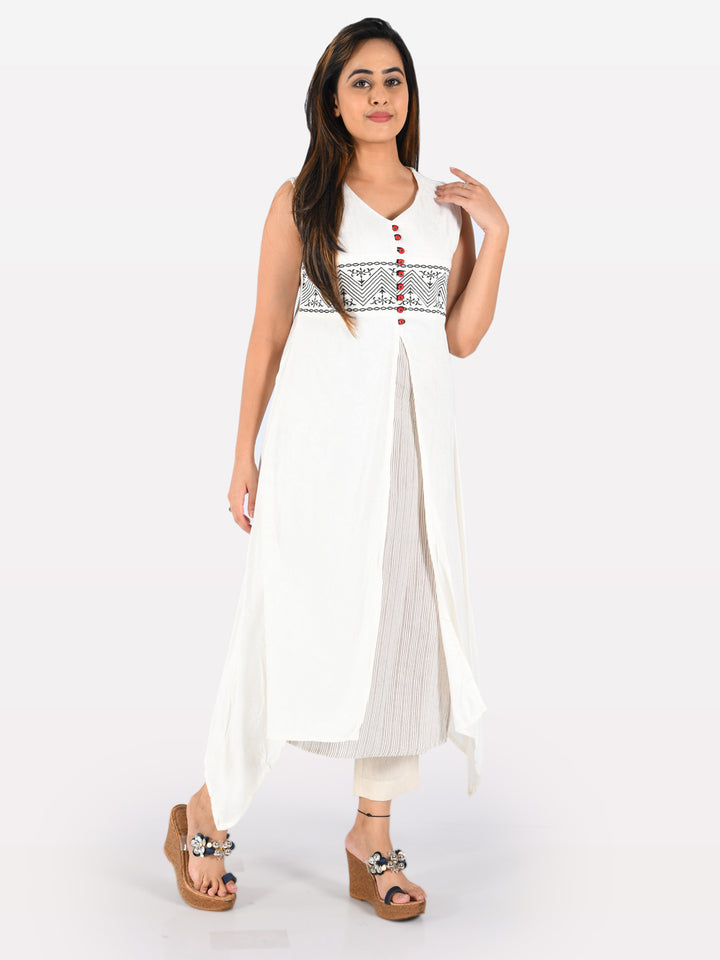 Neerus Women White Brown Woven Design Asymmetric A-Line Kurta