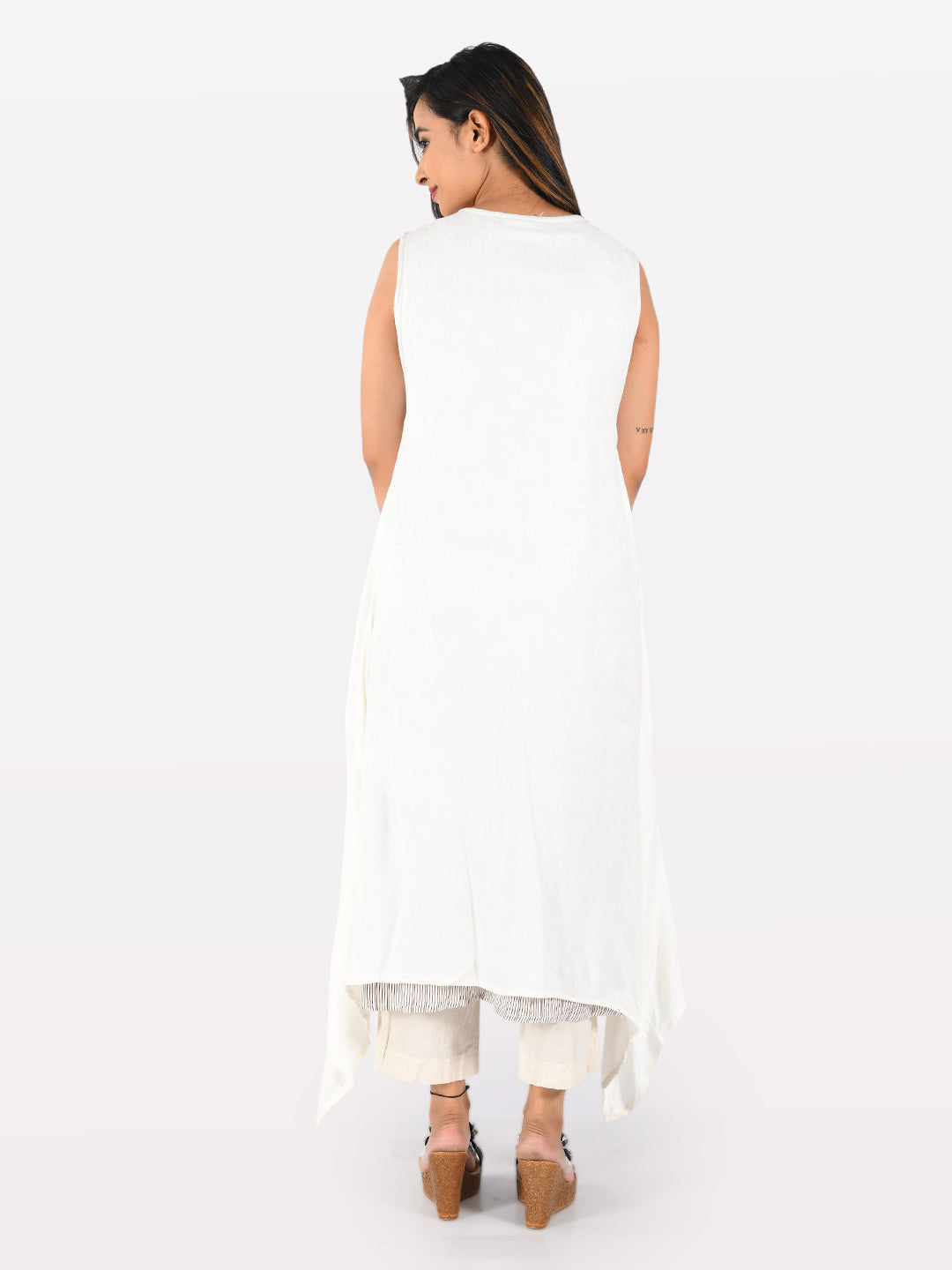 Neerus Women White Brown Woven Design Asymmetric A-Line Kurta