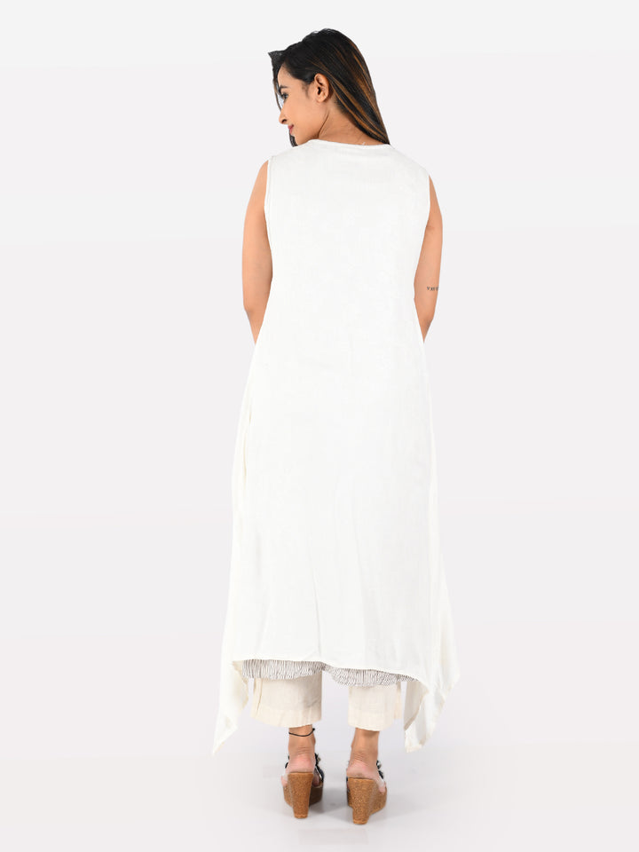 Neerus Women White Brown Woven Design Asymmetric A-Line Kurta