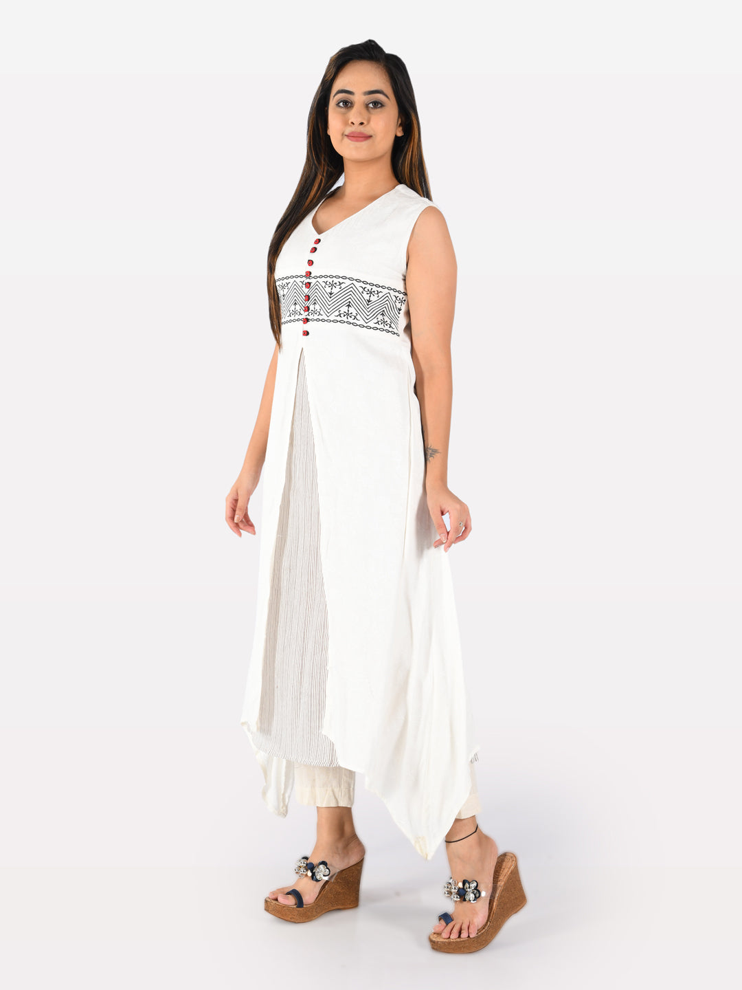 Neeru's Women White Brown Woven Design Asymmetric A-Line Kurta