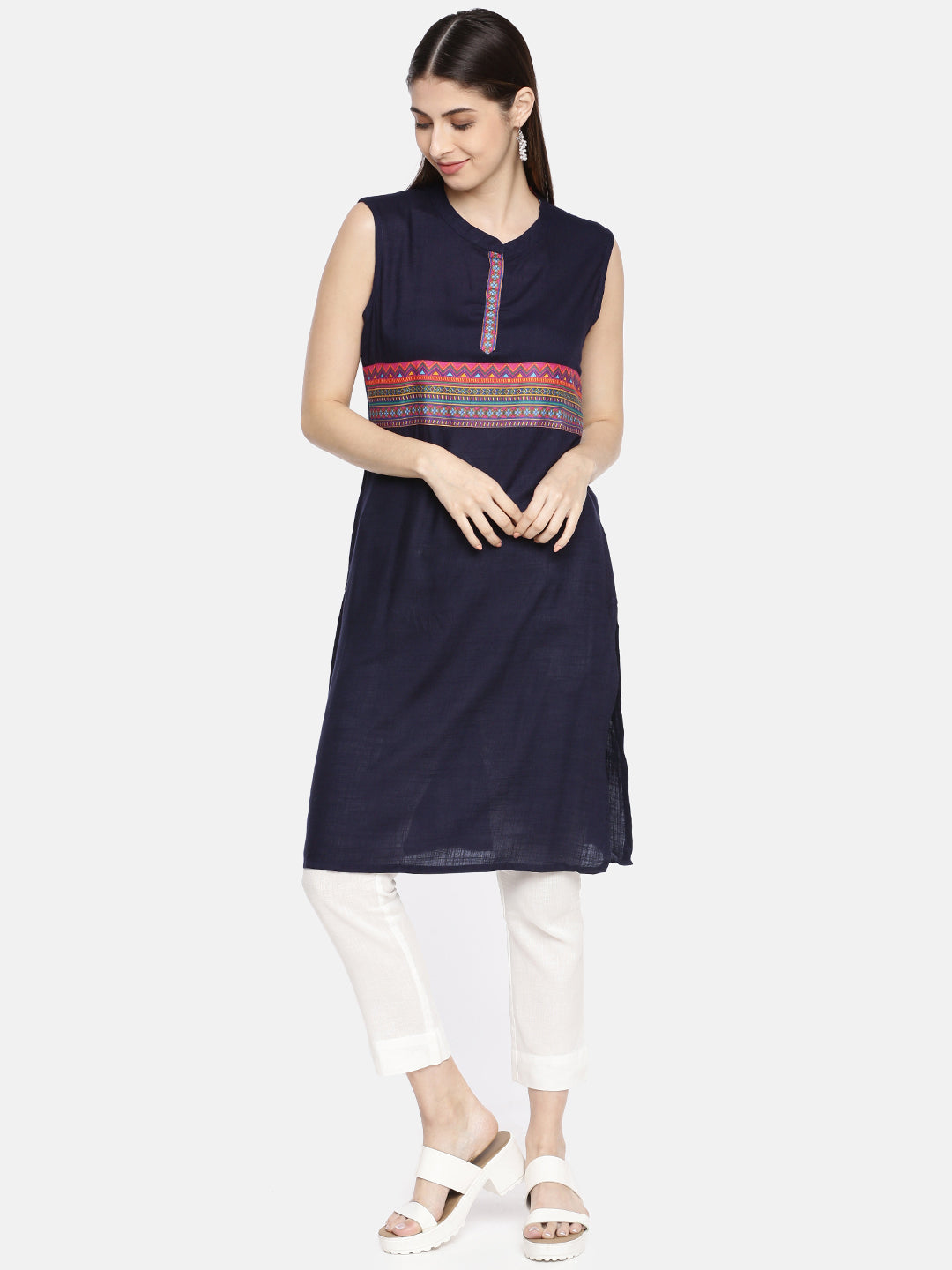 Neerus Women Navy Blue Printed A-Line Kurta