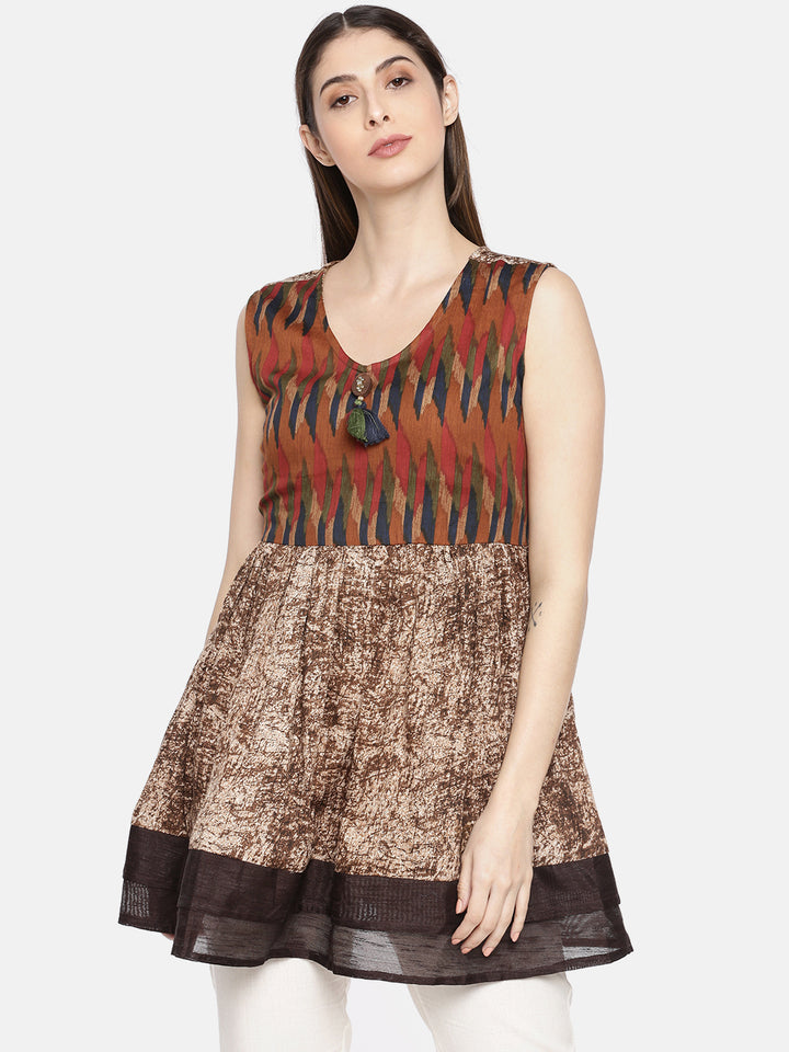 Neerus Brown cotton printed kurti - back view