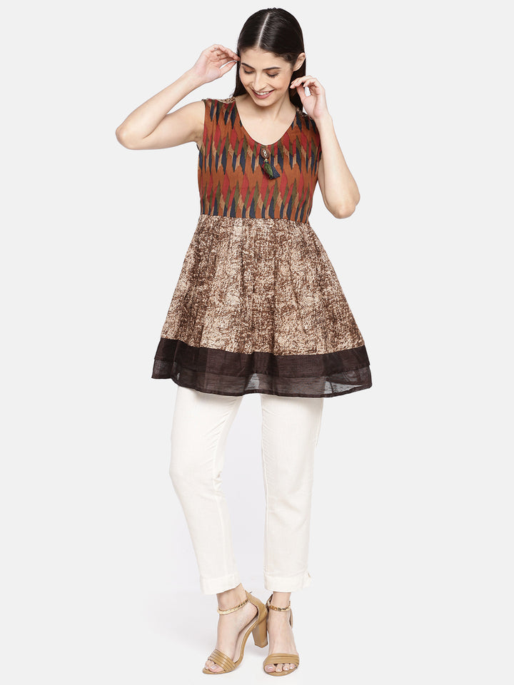 Neerus Brown cotton printed kurti - front view