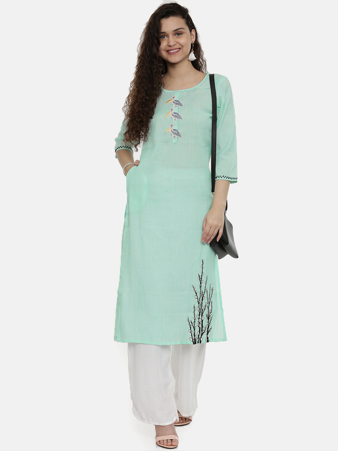 Neerus Green rayon embroidered straight kurta - front view