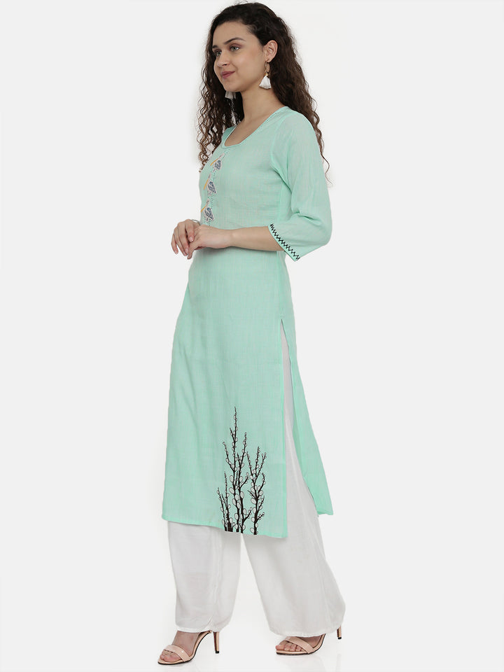 Neerus Green rayon embroidered straight kurta - side view