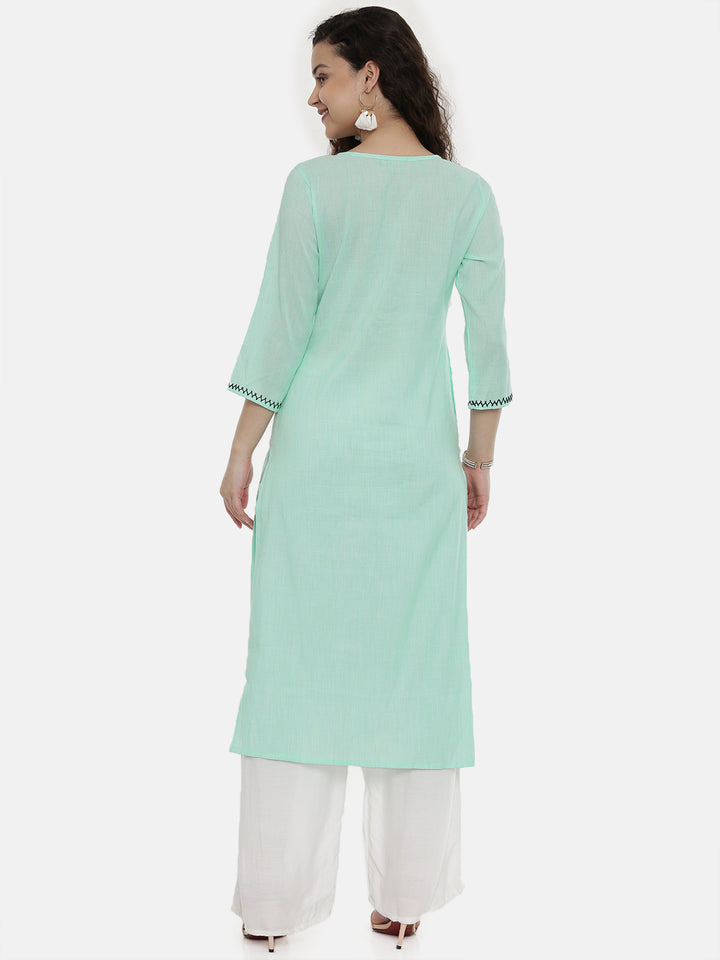 Neerus Green rayon embroidered straight kurta - detail view 1