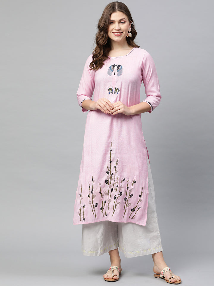 Neerus Women Pink Embroidered Straight Kurta