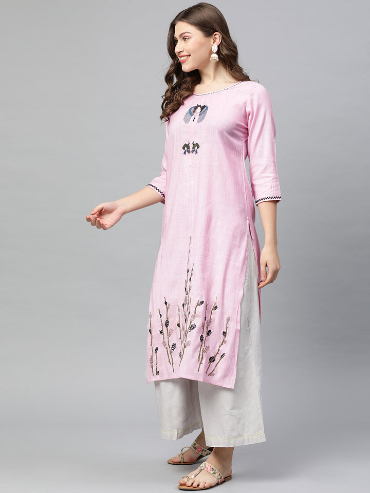 Neerus Women Pink Embroidered Straight Kurta